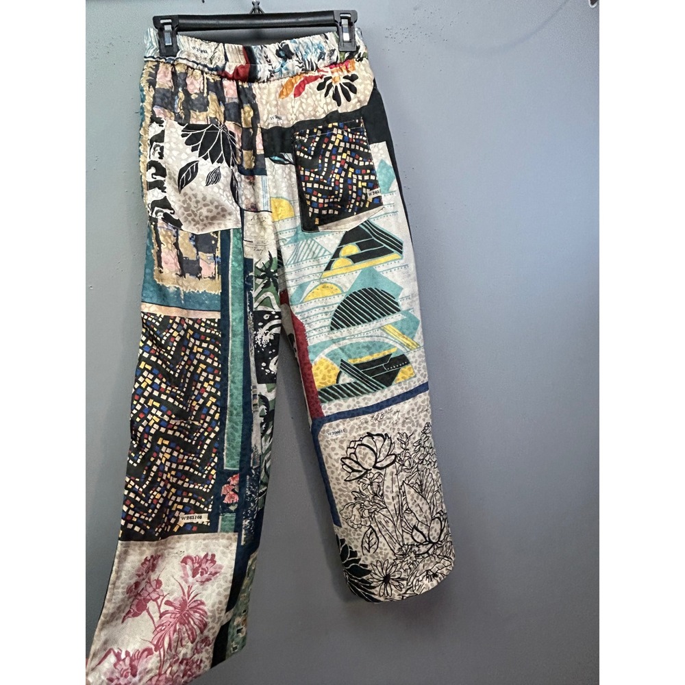 Womens Small Flowy Pants Multi Patchwork Wide Leg Silky Jacquard pockets - Picture 2 of 8